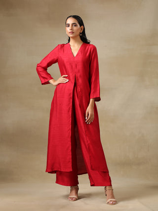 trueBrowns Maroon Textured Silk Front Slit Kurta Pant Set - Distacart