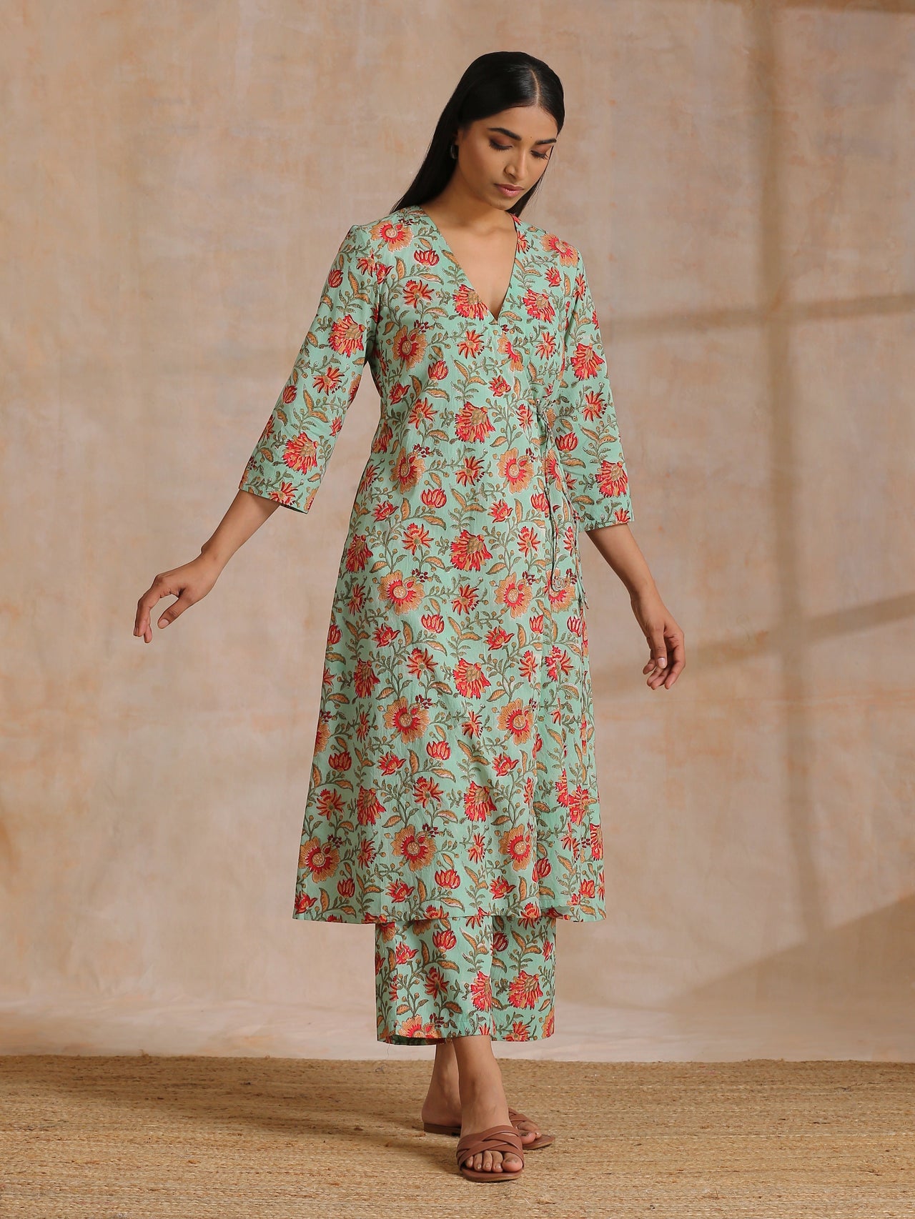 trueBrowns Seafoam Green Overall Floral Block Print Cotton Angrakha Pant Set - Distacart