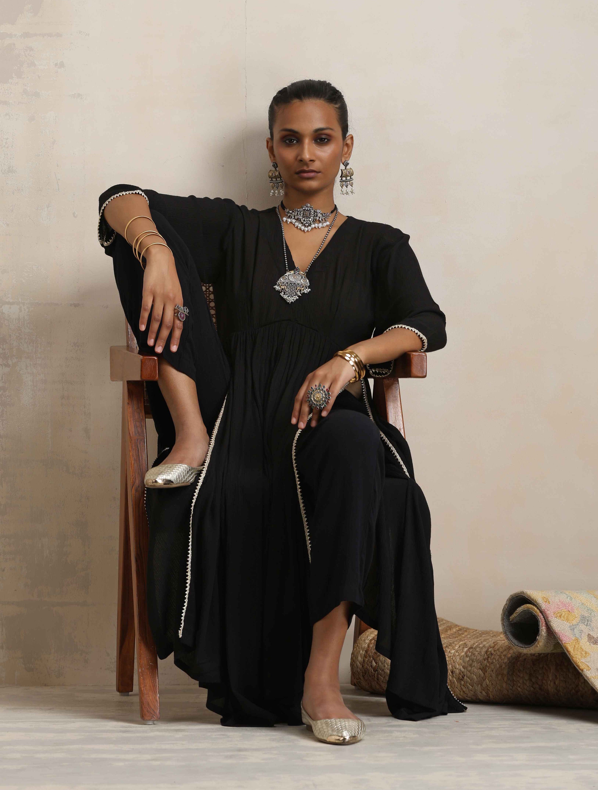 trueBrowns Black Crinkle Anarkali Flared Kurta Set - Distacart