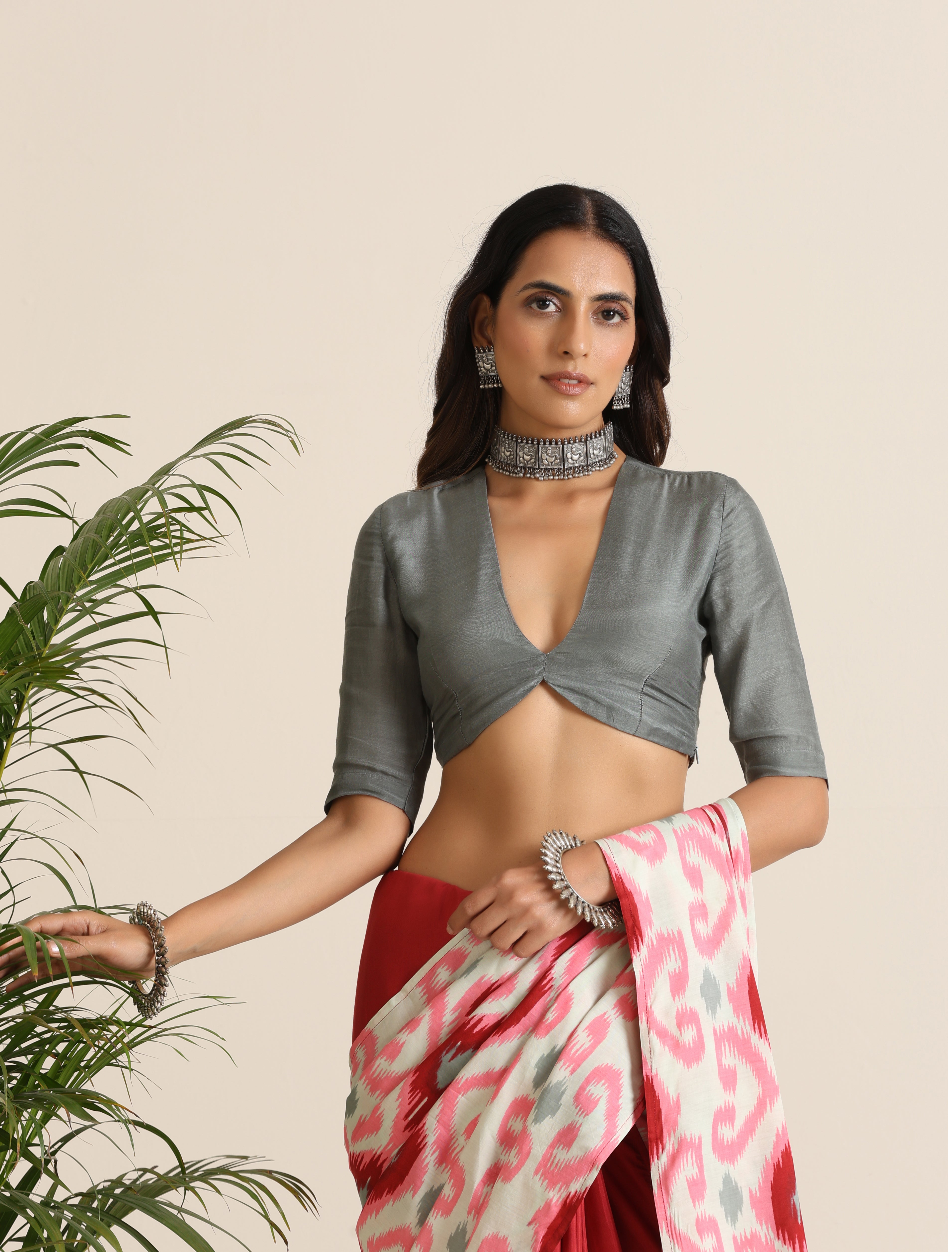 trueBrowns Grey Muslin Solid Deep V-Neck Blouse - Distacart