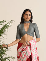 Thumbnail for trueBrowns Grey Muslin Solid Deep V-Neck Blouse