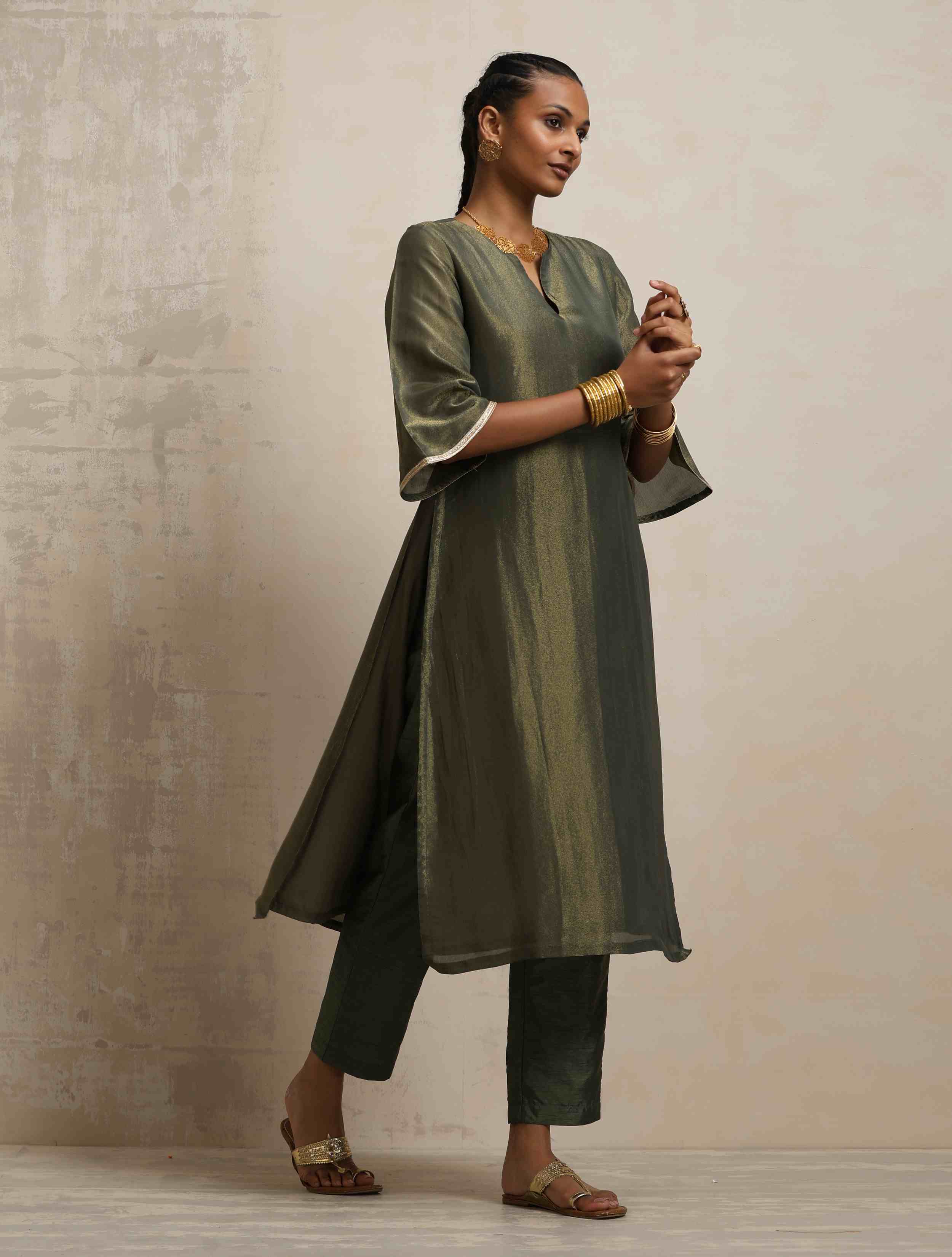 trueBrowns Green Tissue Kurta Set - Distacart