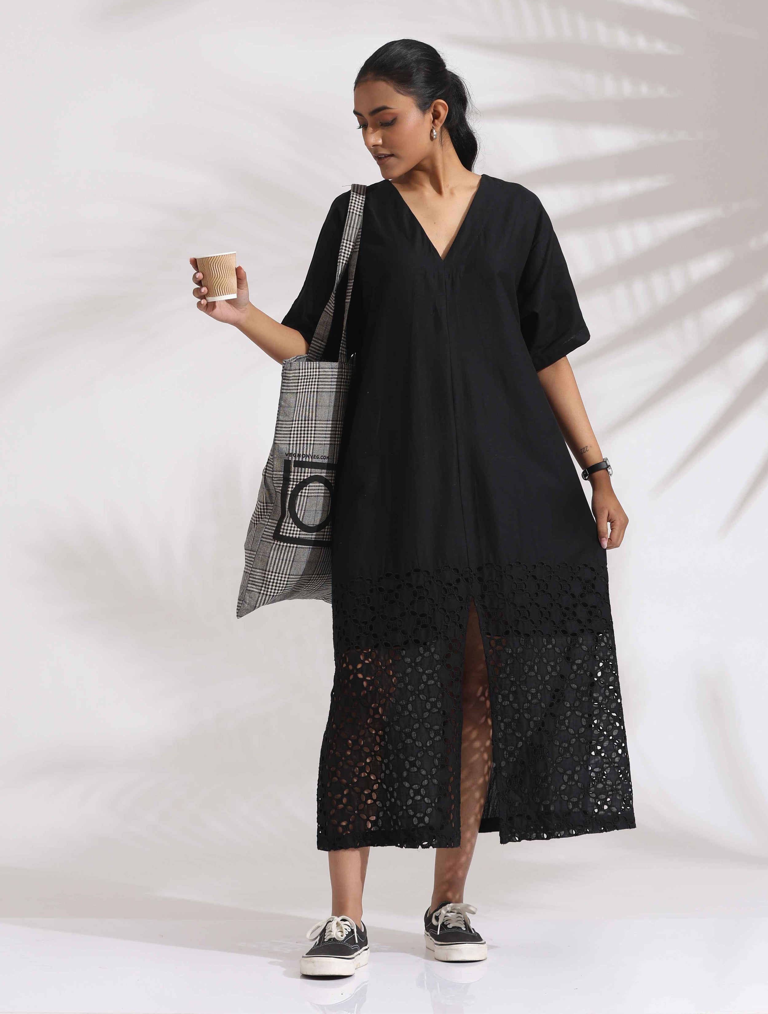 trueBrowns Black Cotton Schiffli Slit Dress - Distacart