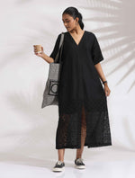 Thumbnail for trueBrowns Black Cotton Schiffli Slit Dress