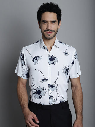 Jainish Men's Floral Printed Formal Shirts - White - Distacart