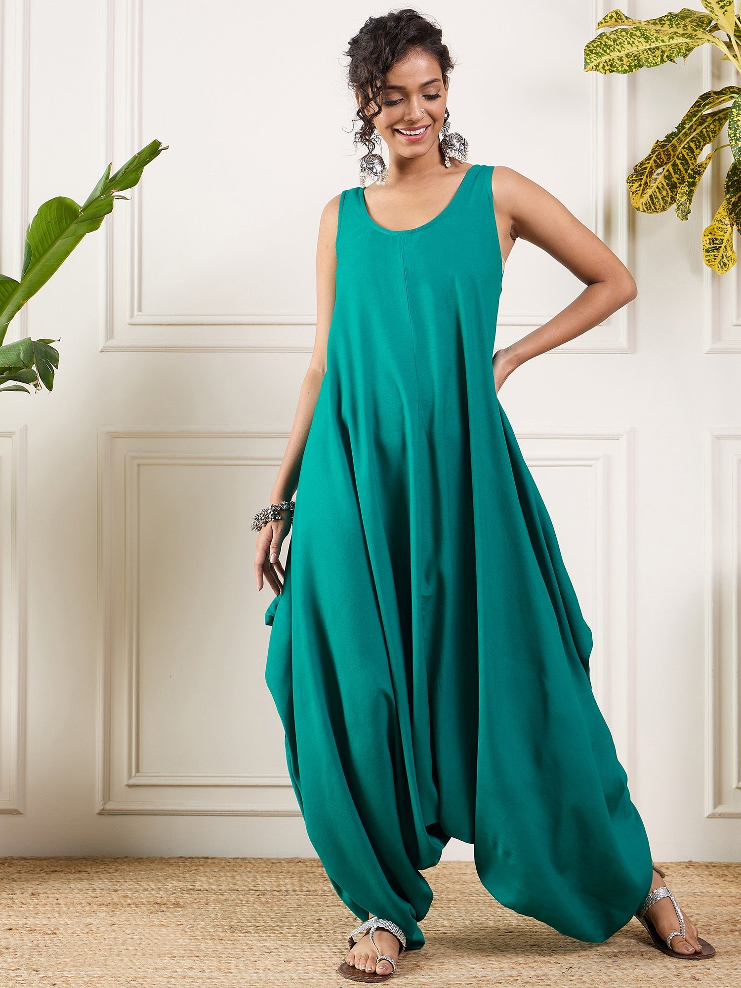 InWeave Teal Round Sleeveless Jumpsuit - Distacart