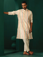 Thumbnail for trueBrowns Men's Ivory Multi Colour Striped Cotton Kurta - Distacart