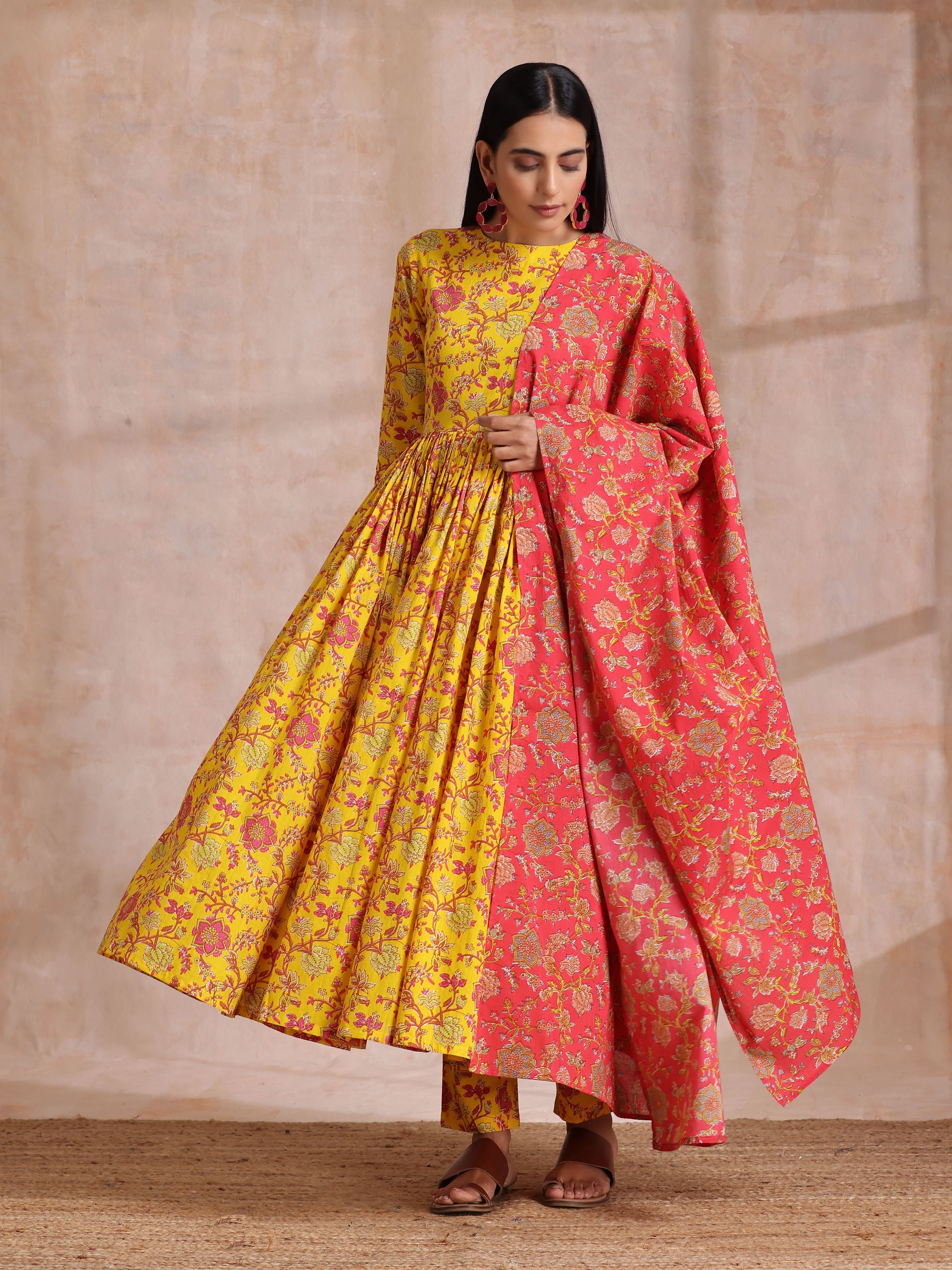 trueBrowns Sunshine Yellow Overall Floral Block Print Cotton Kurta Pant Dupatta Set - Distacart
