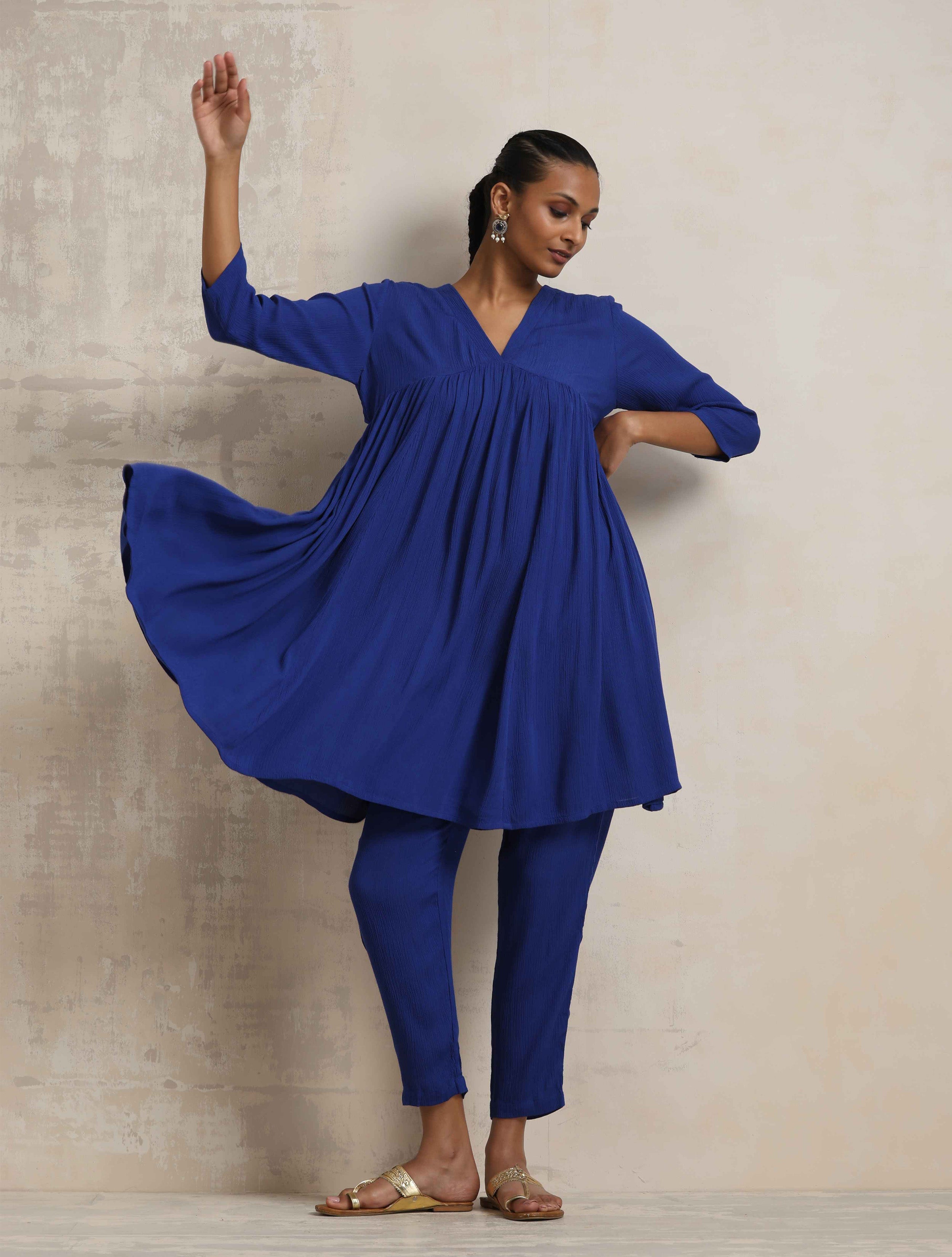trueBrowns Blue Crinkle Flared Kurta Co-ord Set - Distacart