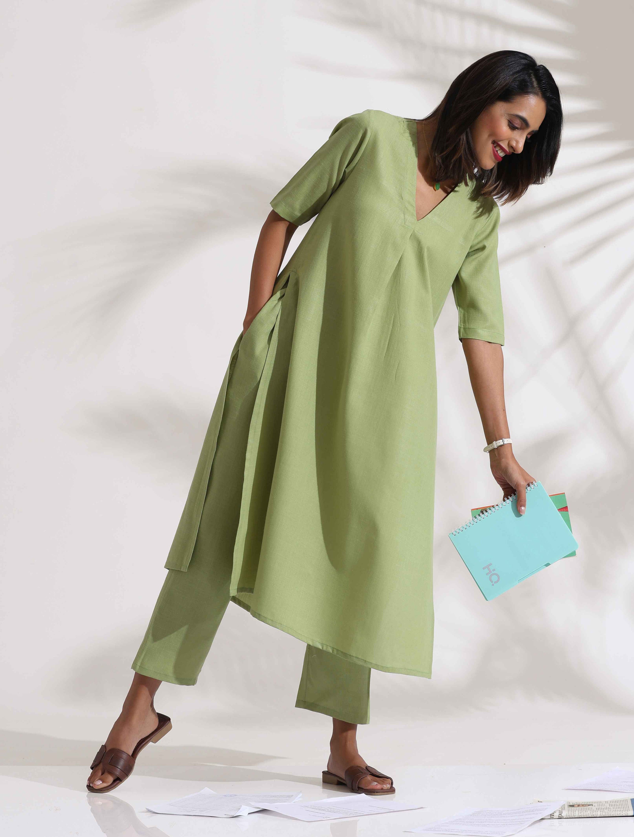 trueBrowns Green Slub Kurta Set - Distacart