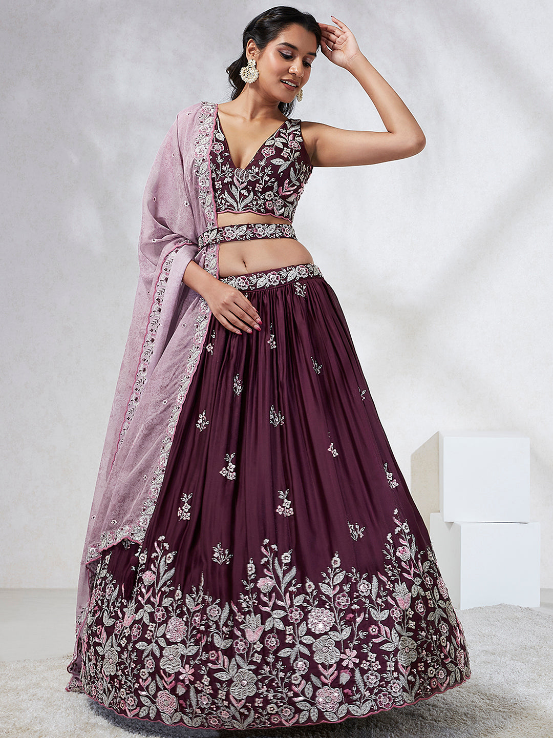 House of Panchhi Burgundy Pure Georgette Sequins And Thread Embroidery Lehenga Choli & Dupatta - Distacart