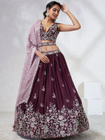 Thumbnail for House of Panchhi Burgundy Pure Georgette Sequins And Thread Embroidery Lehenga Choli & Dupatta - Distacart