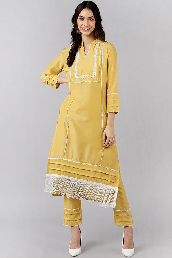 Ahika Yellow Poly Silk Solid Straight Kurta Set - Distacart