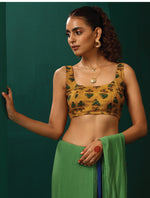 Thumbnail for trueBrowns Mustard Muslin Silk Flower Stem Printed Scoop Neck Sleeveless Blouse - Distacart