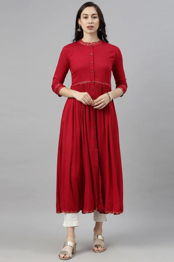 Ahika Red Cotton Flared Kurta