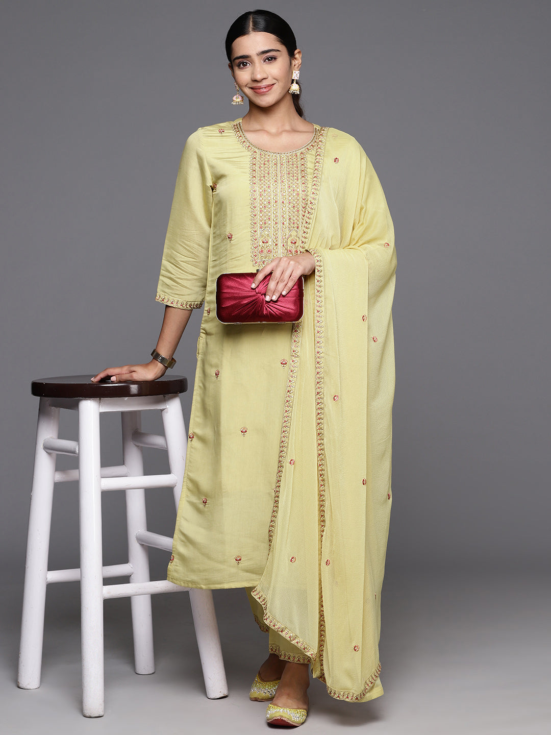 Varanga Women Beige Embroidered Straight Kurta Paired With Tonal Embroidered Bottom And Embroidered Dupatta - Distacart