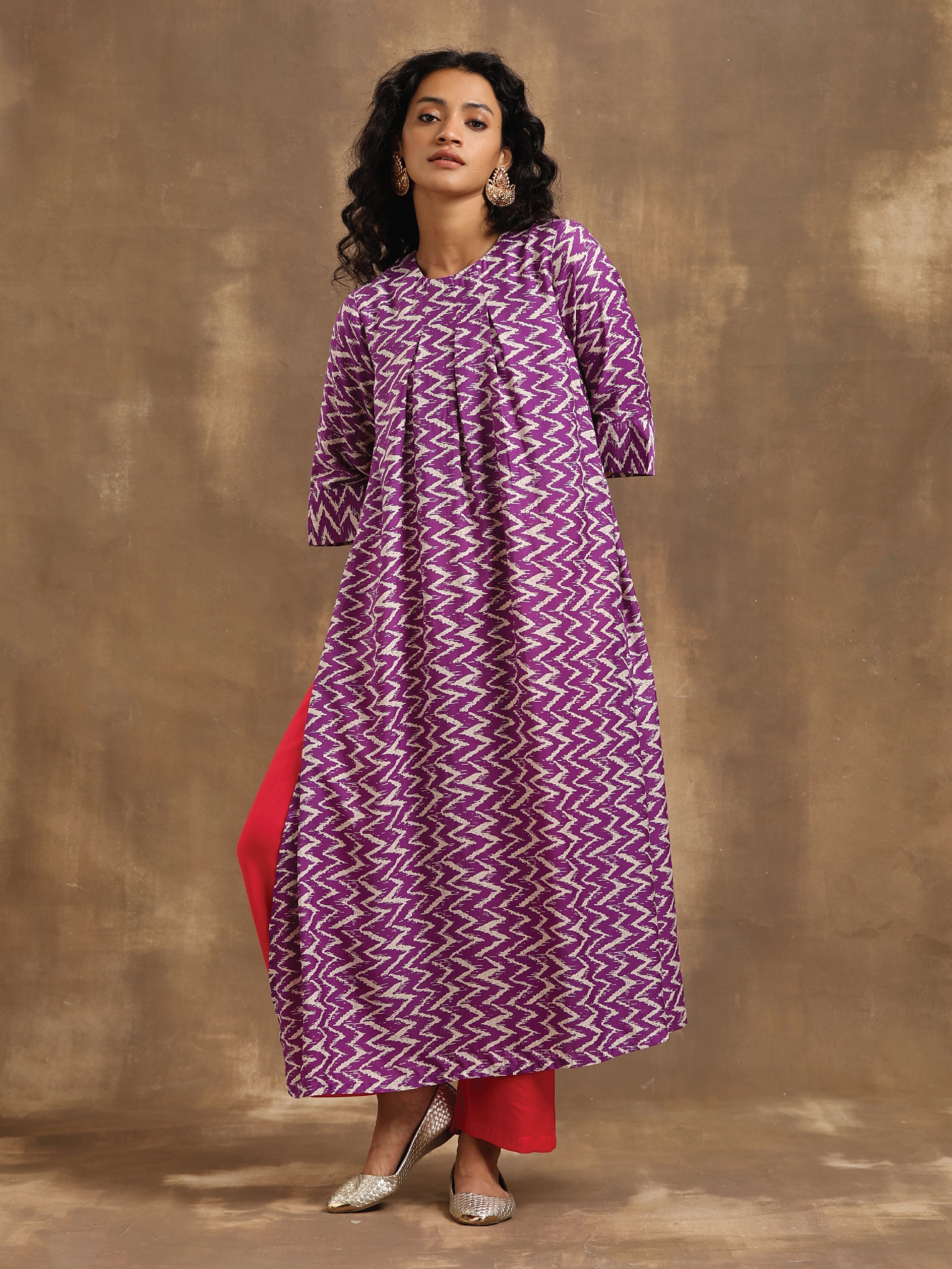 trueBrowns Purple Zig-Zag Printed Silk Kurta Pant Set - Distacart