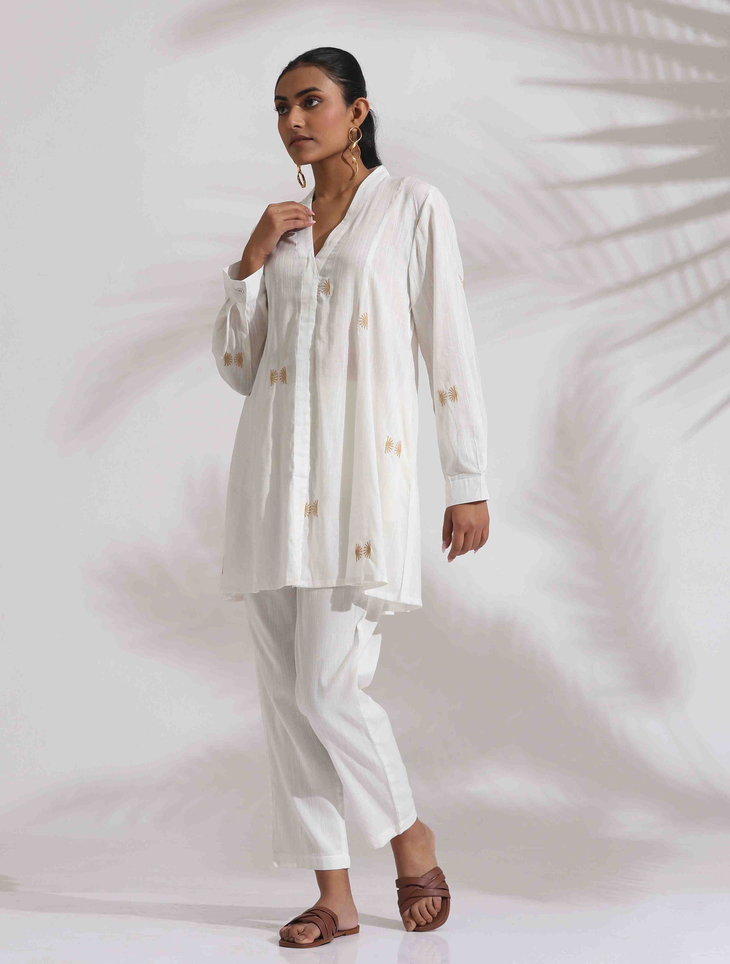 trueBrowns Off-White Cotton Embroidered A-line Co-ord Set - Distacart