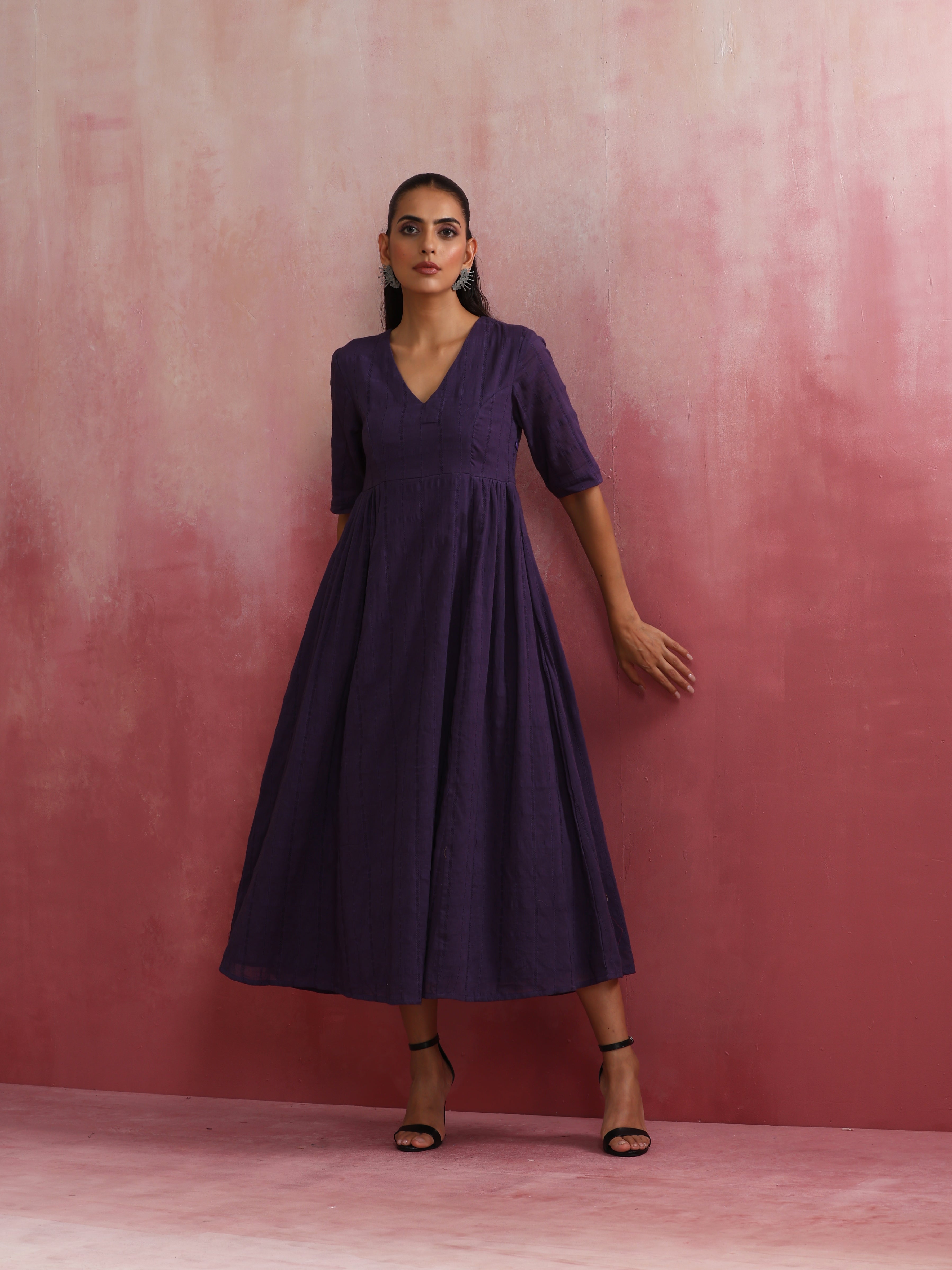 trueBrowns Purple Cotton Dobby Dress - Distacart