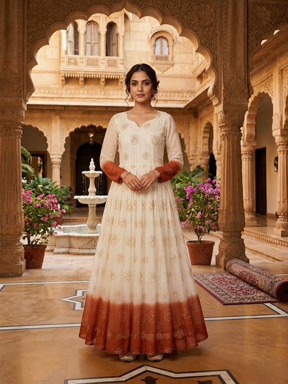 Anaita Brown&White Silk Readymade Anarkali Suit with Embroidery & Sequence Work - Dista