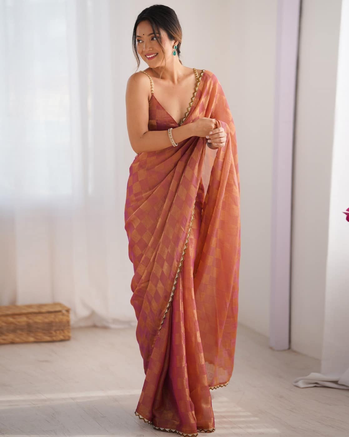 Lorenvalley Fashion Peach NC Chiffon Square with fancy Lace Saree with Blouse