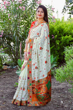 Thumbnail for Lorenvalley Fashion Premium White Dola Silk Embroidery and Diamond work with Jacquard Lace Border Saree - Distacart