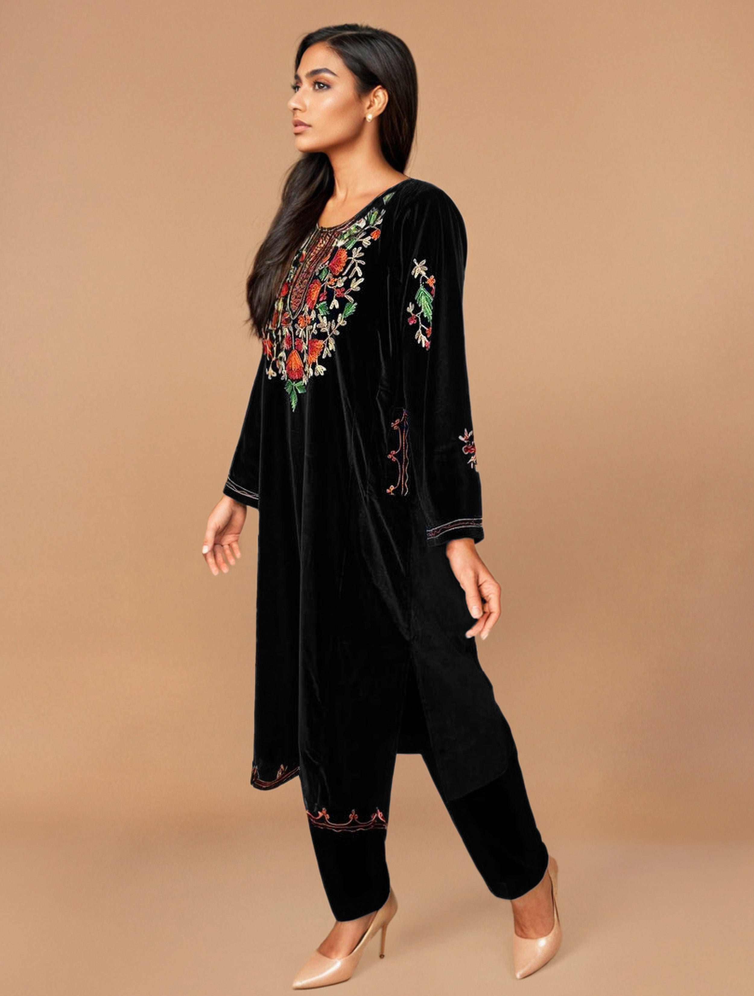 trueBrowns Black Velvet Embroidered Kurta Set - Distacart