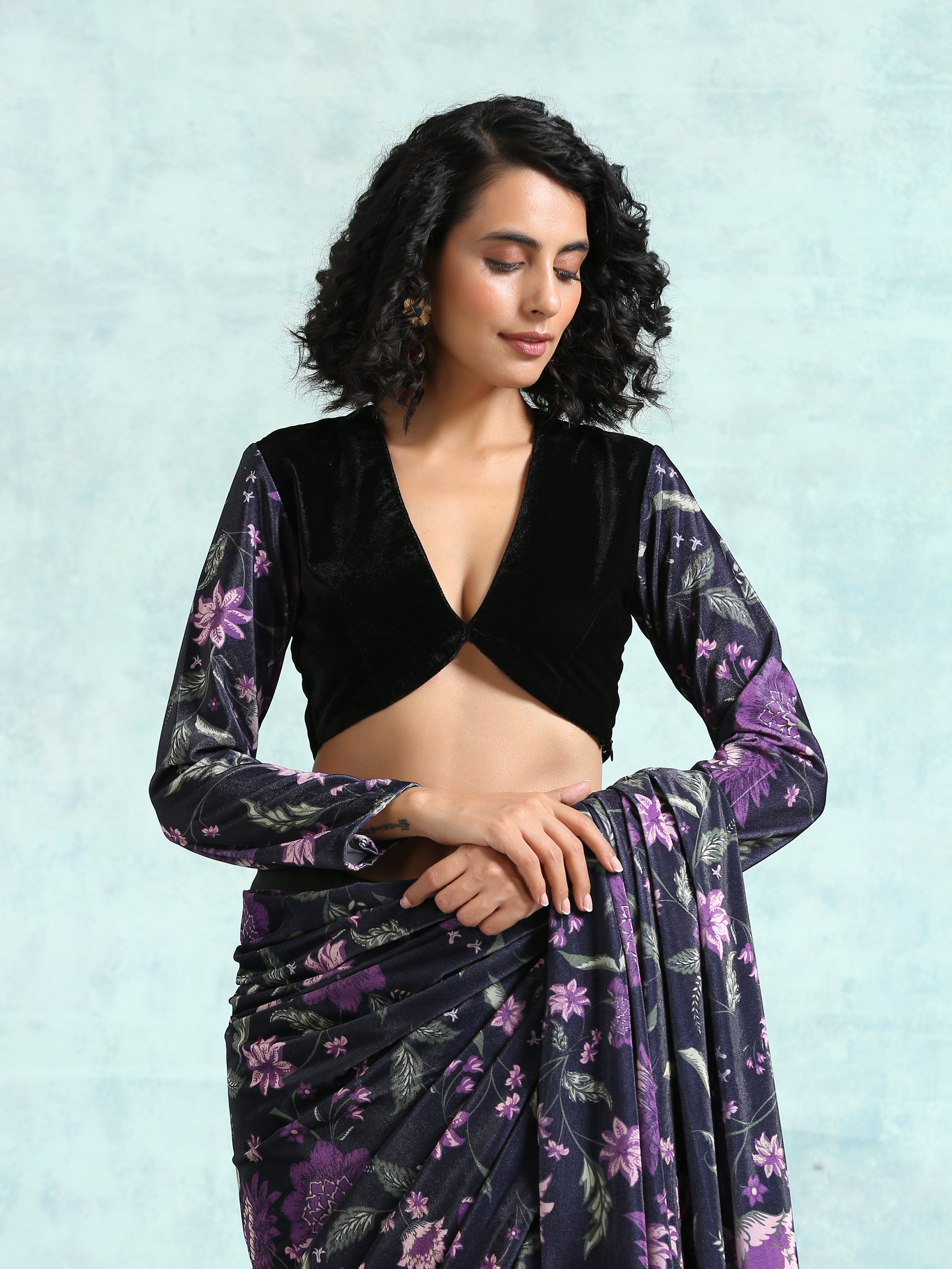 trueBrowns Black Printed Sleeve Velvet Blouse - Distacart