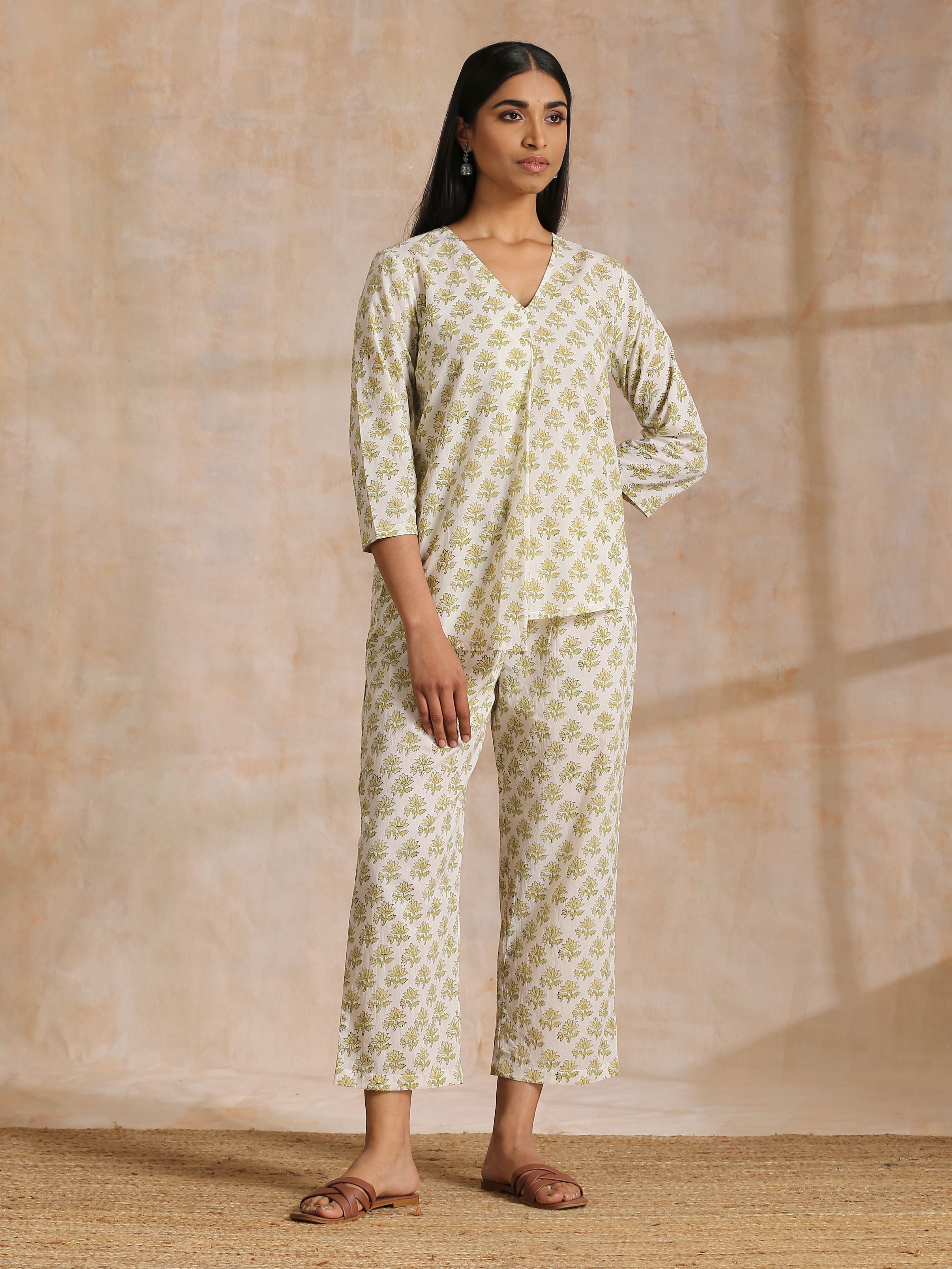 trueBrowns Green Buta On Off-White Block Print Cotton Co-Ord Set - Distacart