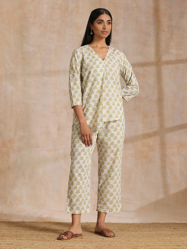 trueBrowns Green Buta On Off-White Block Print Cotton Co-Ord Set - Distacart