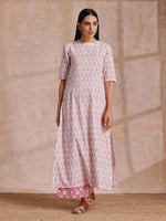 Thumbnail for trueBrowns Pink Green Floral On White Block Print Cotton Slit Kurta Pant Set | Relove