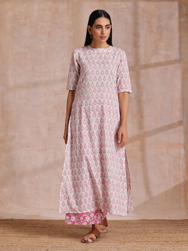 trueBrowns Pink Green Floral On White Block Print Cotton Slit Kurta Pant Set | Relove