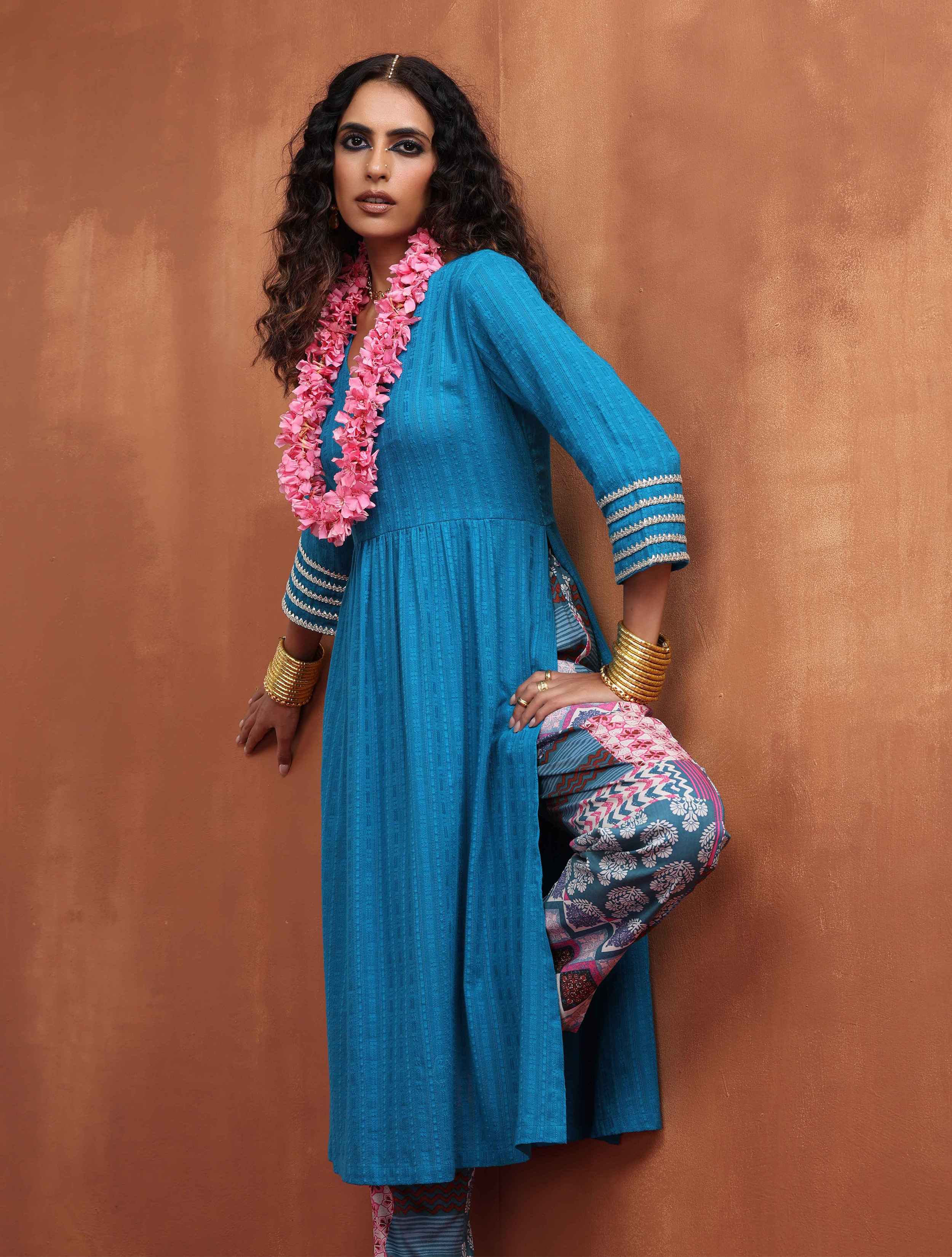 trueBrowns Blue Cotton Flared Anarkali Kurta Set - Distacart