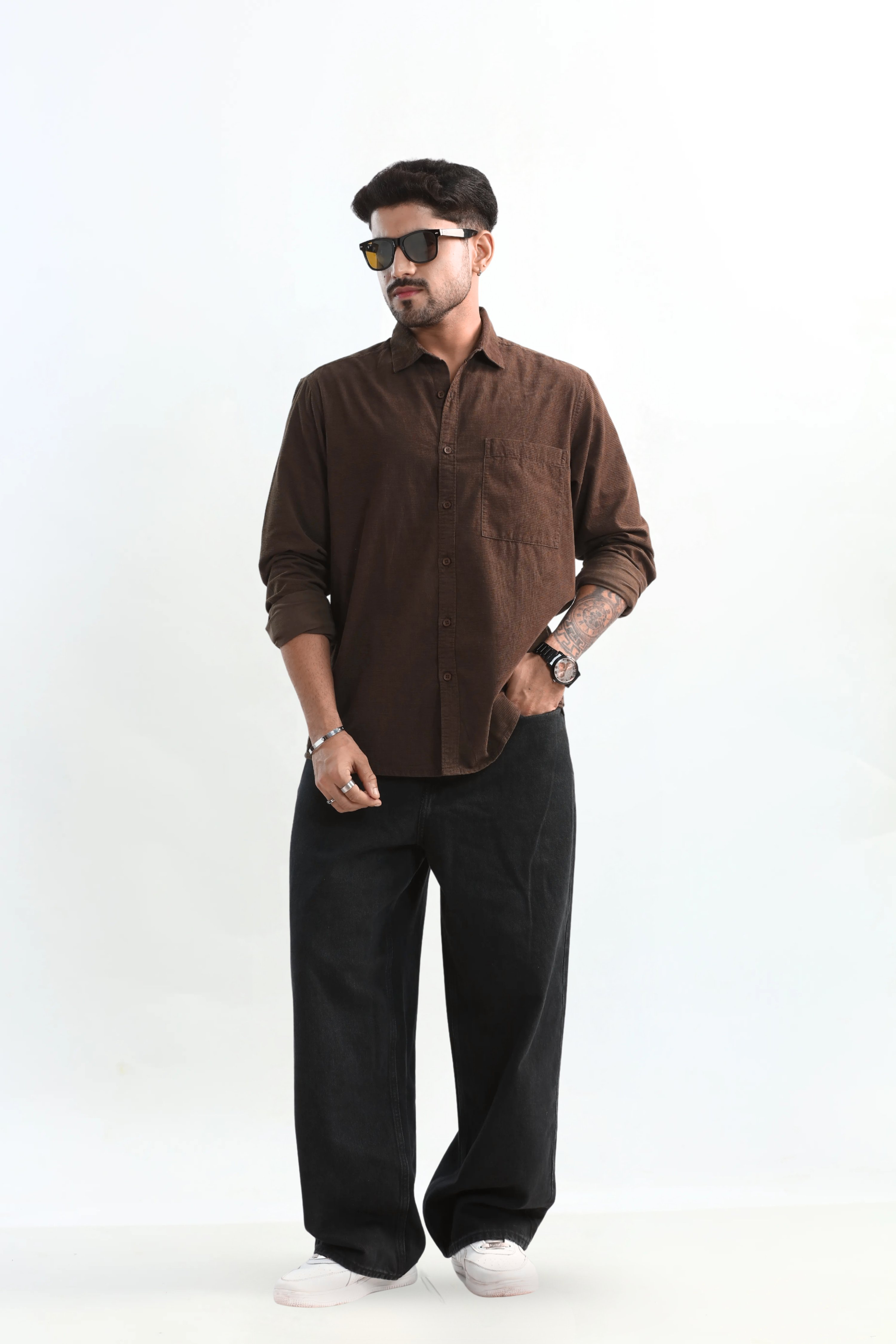 Xkind Men's Mocha Brown Fine Corduroy Regular Fit Shirt