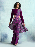 Thumbnail for trueBrowns Wine Printed Velvet Ready to Wear Saree - Distacart