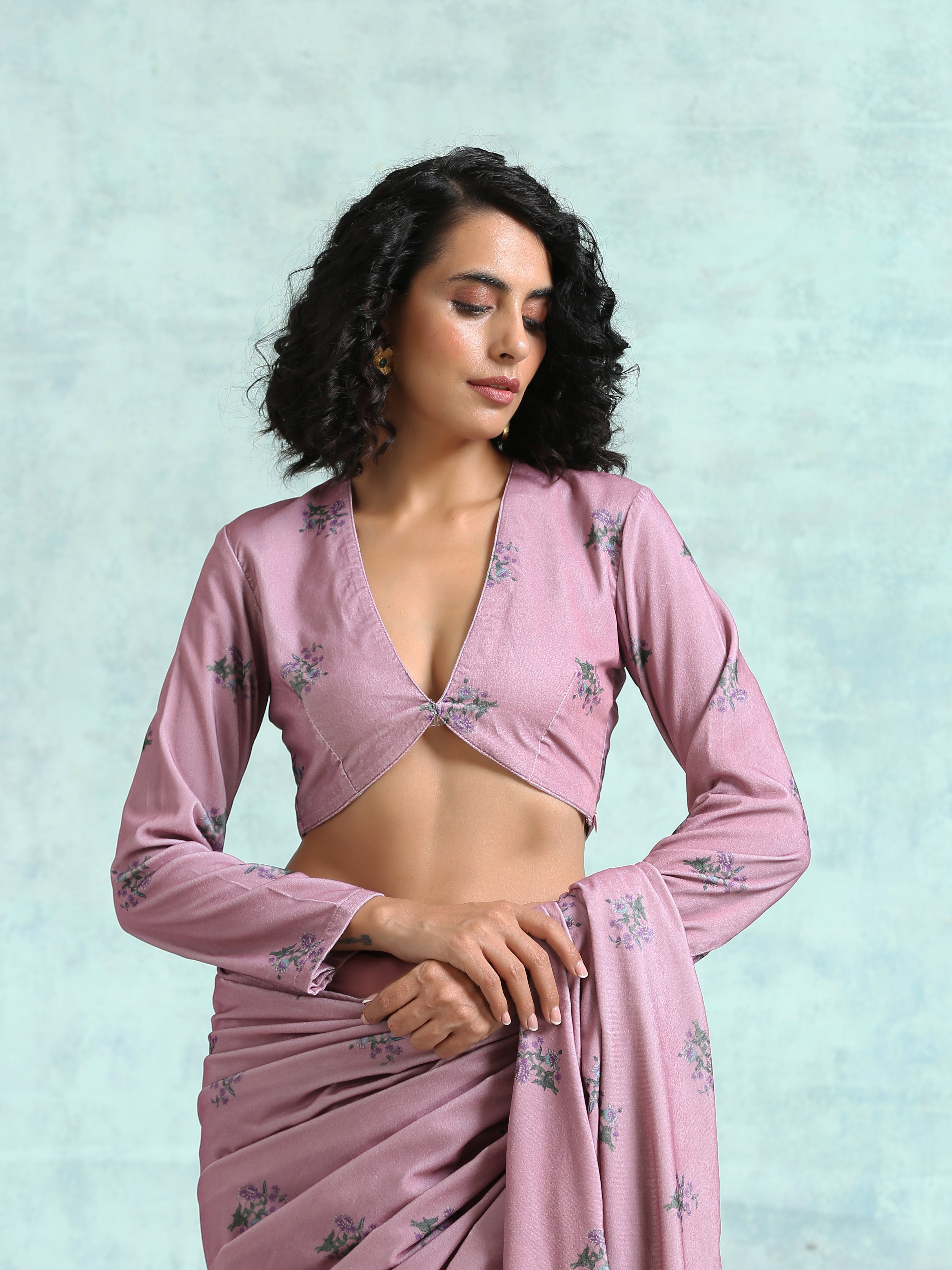 trueBrowns Light Mauve Printed Velvet Blouse - Distacart