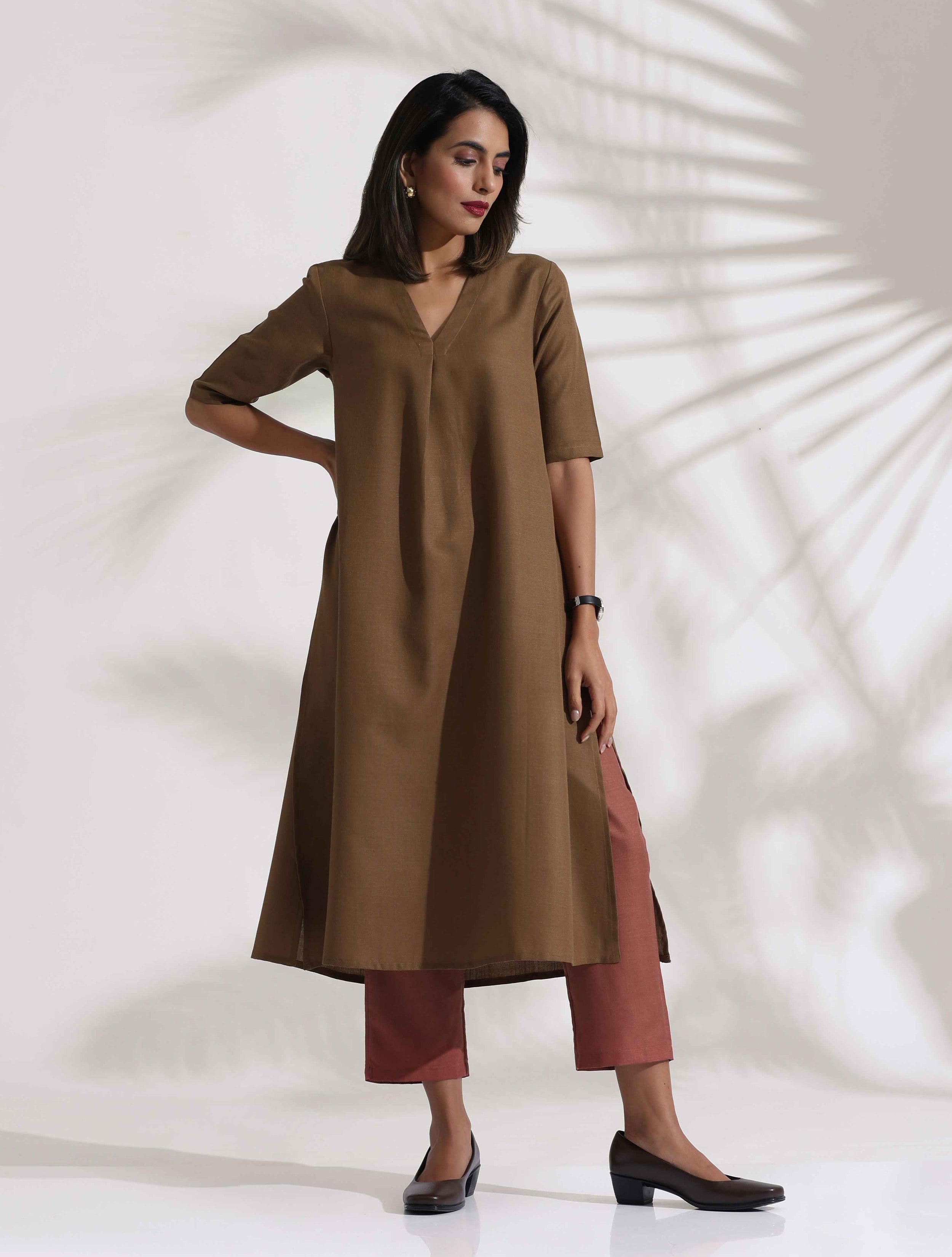 trueBrowns Brown Slub Highslit Kurta Set - Distacart