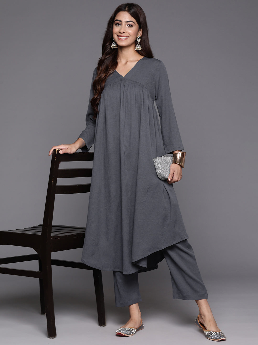 Varanga Women Grey Empire Gathered Details A-Line Kurta Paired With Tonal Bottom - Distacart
