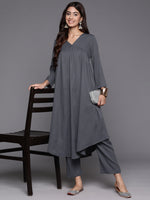 Thumbnail for Varanga Women Grey Empire Gathered Details A-Line Kurta Paired With Tonal Bottom - Distacart