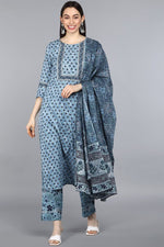 Thumbnail for Ahika Blue Pure Cotton Straight Kurta Pant With Dupatta