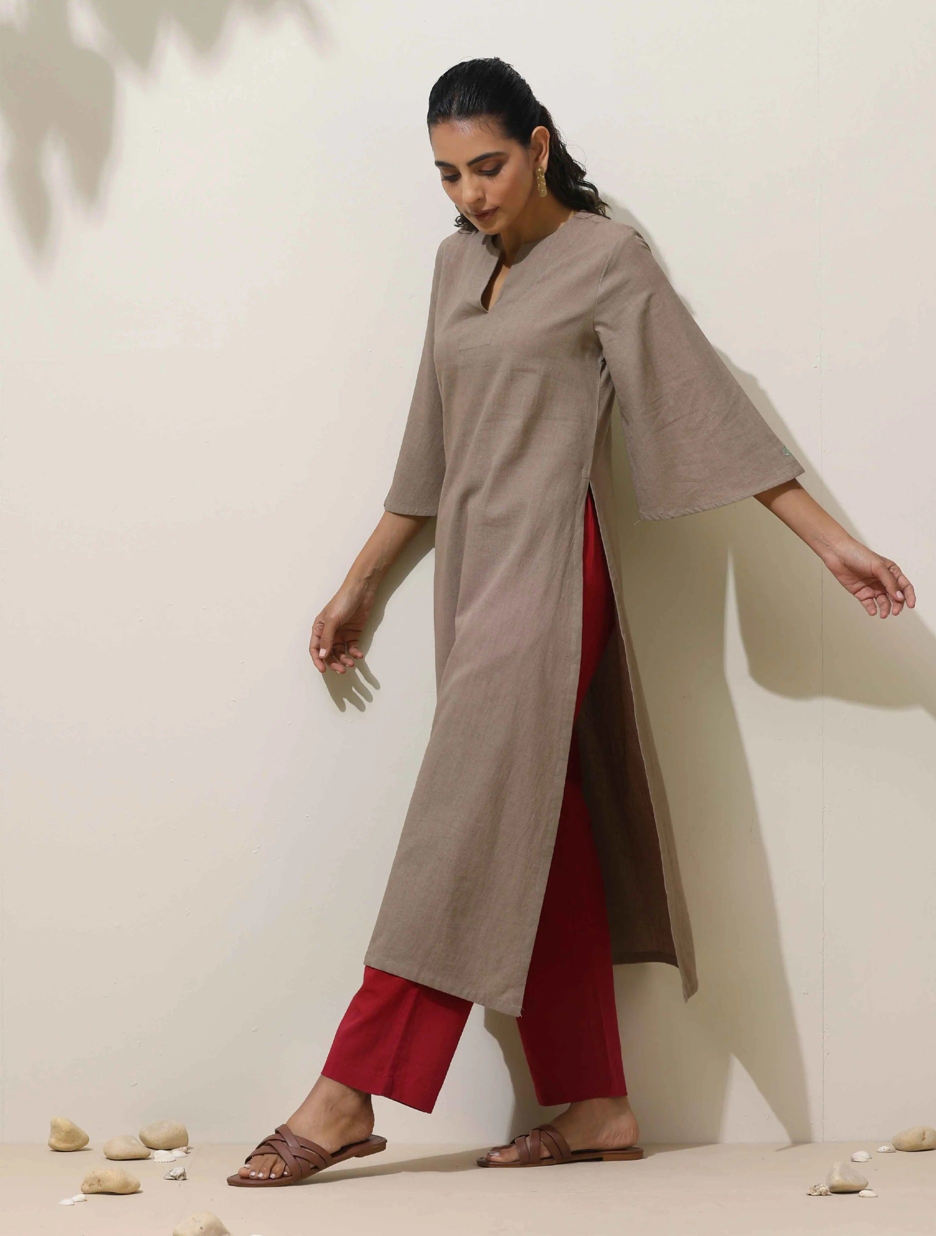 trueBrowns Grey Cotton Linen Kurta Pant Set - Distacart