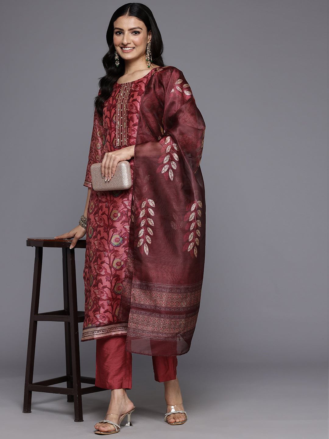 Varanga Women Maroon Floral Printed Kurta, Round Neck Straight Kurta Paired With Tonal Bottom And Printed Dupatta - Distacart