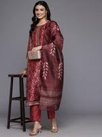 Thumbnail for Varanga Women Maroon Floral Printed Kurta, Round Neck Straight Kurta Paired With Tonal Bottom And Printed Dupatta - Distacart