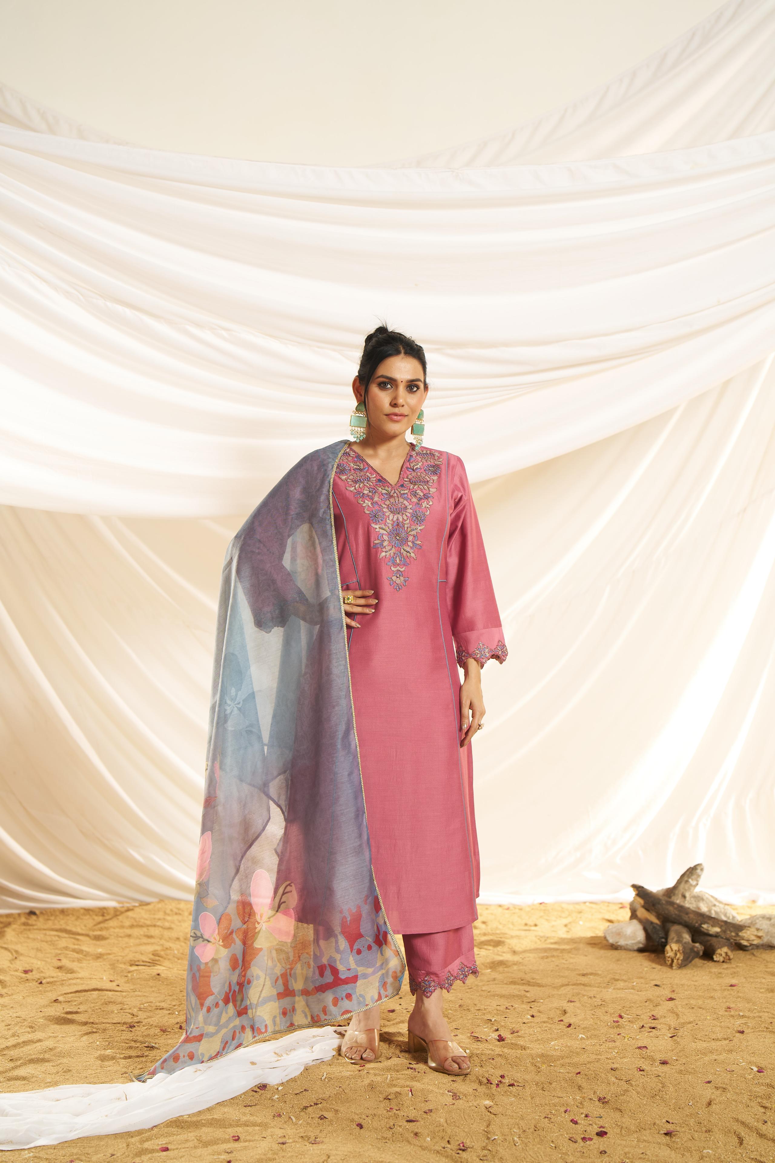 BulBul Women Dusty Pink Embroidered Premium Silk Straight-Shoulder Cut Suit With Dupatta