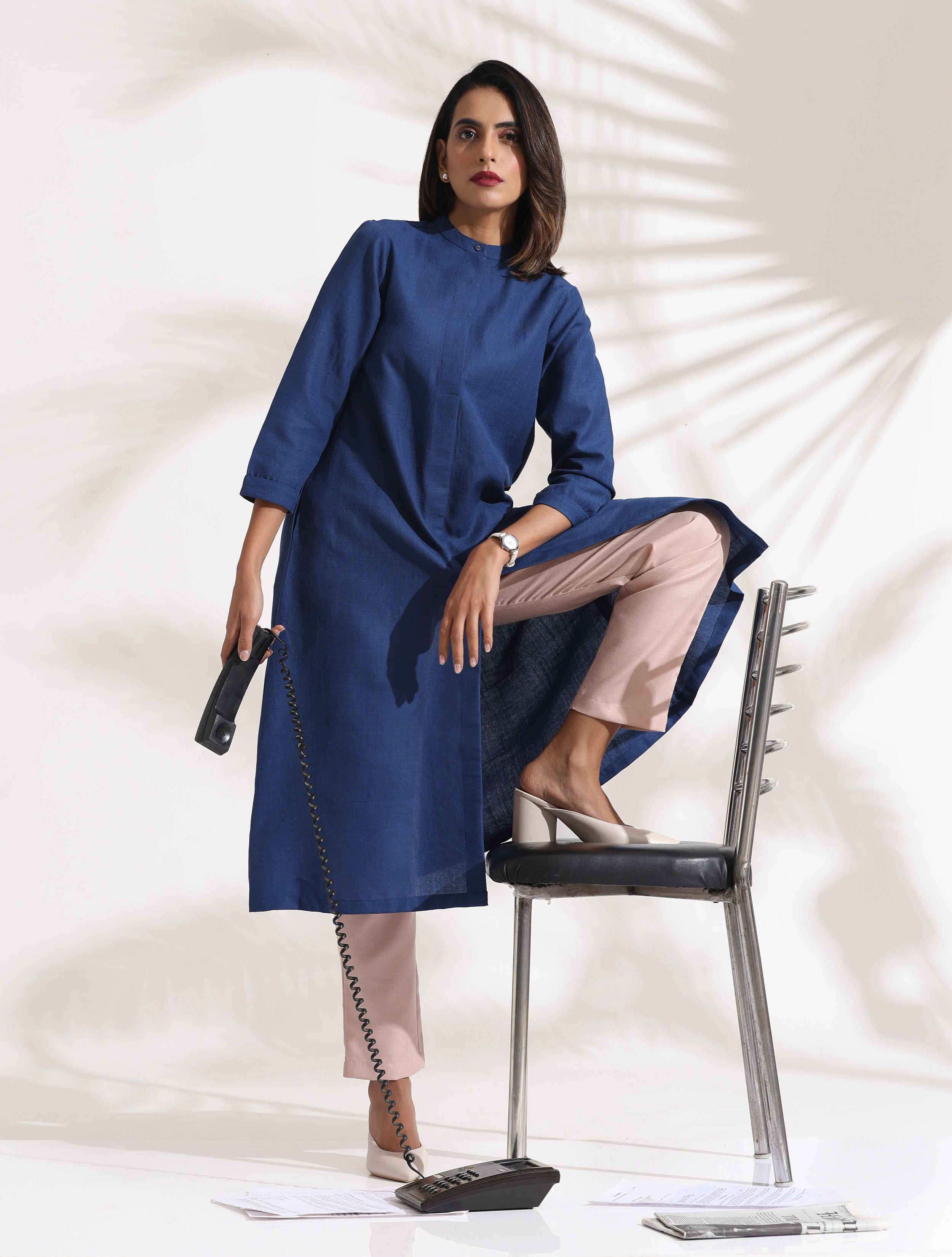 trueBrowns Blue Slub Kurta Set - Distacart