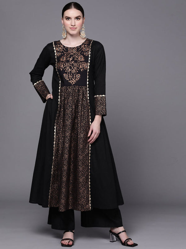 Ahalyaa Women Black Floral Printed Pure Cotton Kurta with Palazzos - Distacart