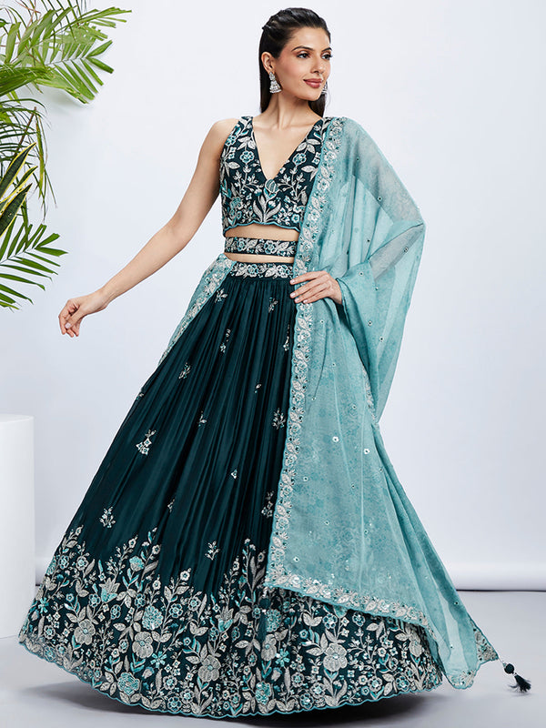 House of Panchhi Pink Net Cutdana, Sequins And Zarkan Embroidery Lehenga Choli & Dupatta - Distacart