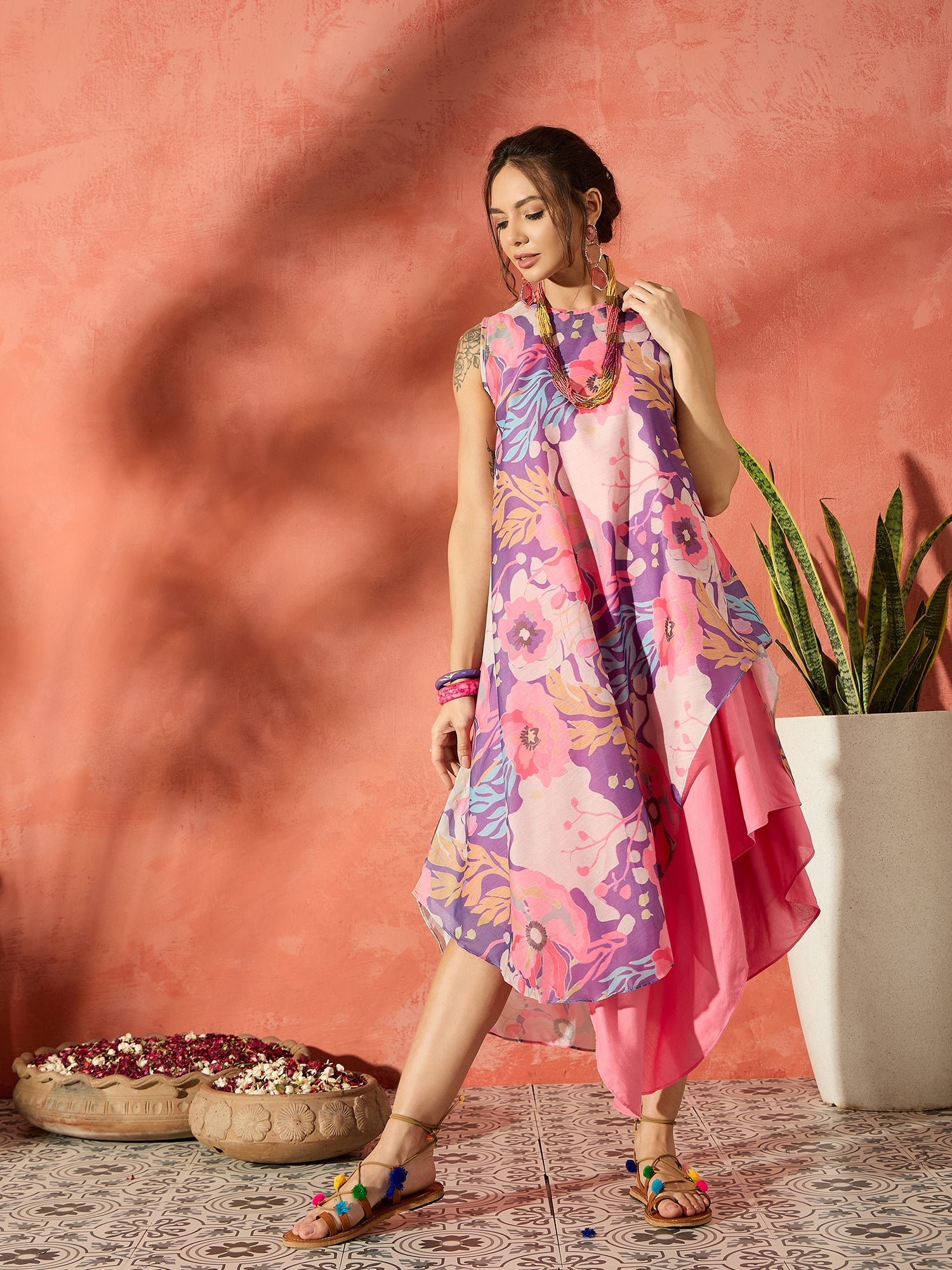 InWeave Purple Floral Peach Asymmetrical Dress - Distacart