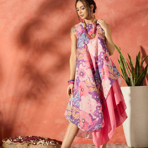 InWeave Purple Floral Peach Asymmetrical Dress - Distacart