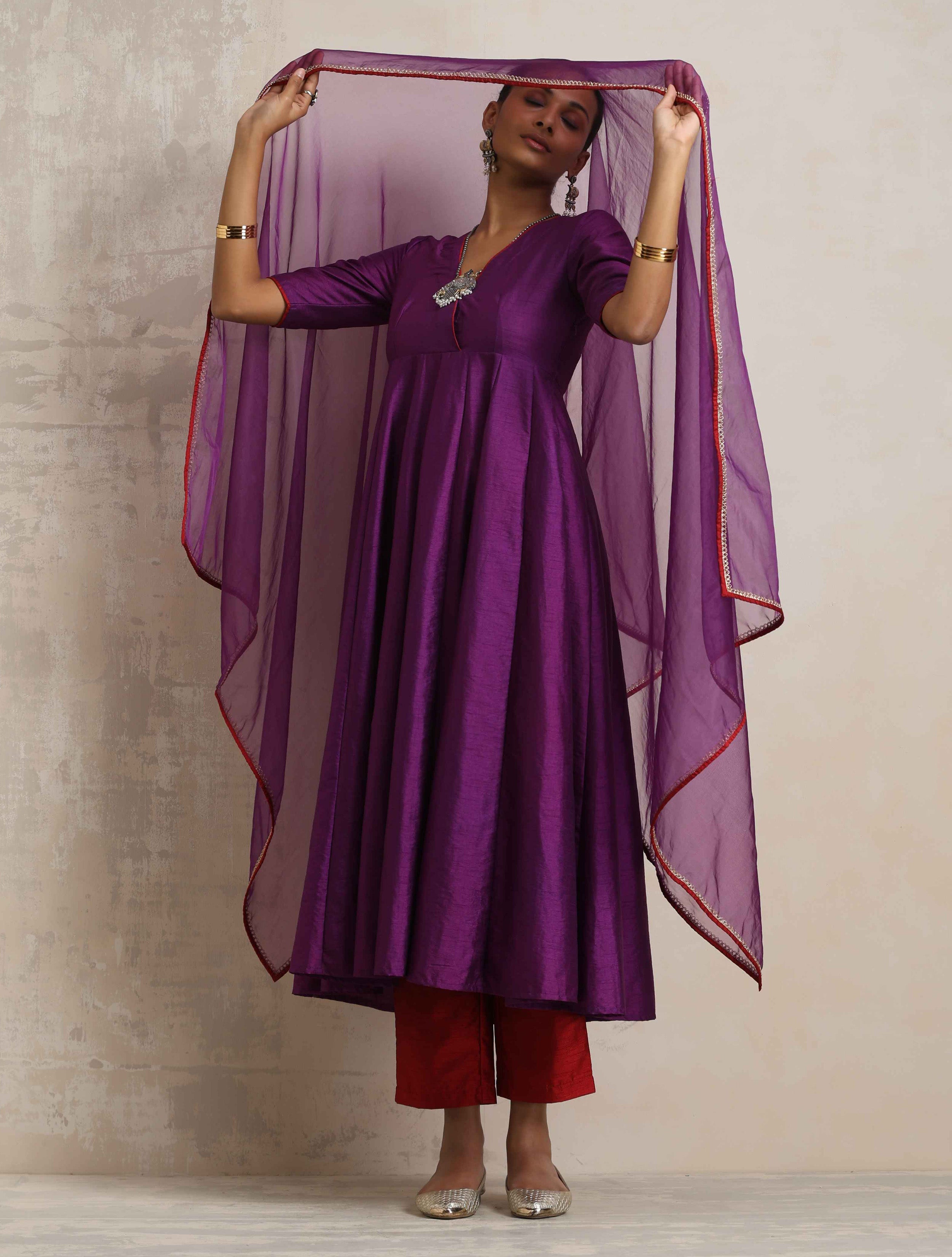 trueBrowns Purple Silk Anarkali Kurta Pant Dupatta Set - Distacart